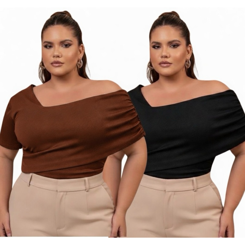 Blusa Plus Size Transpassada Feminina Manga Curta Canelada Elegante Casual