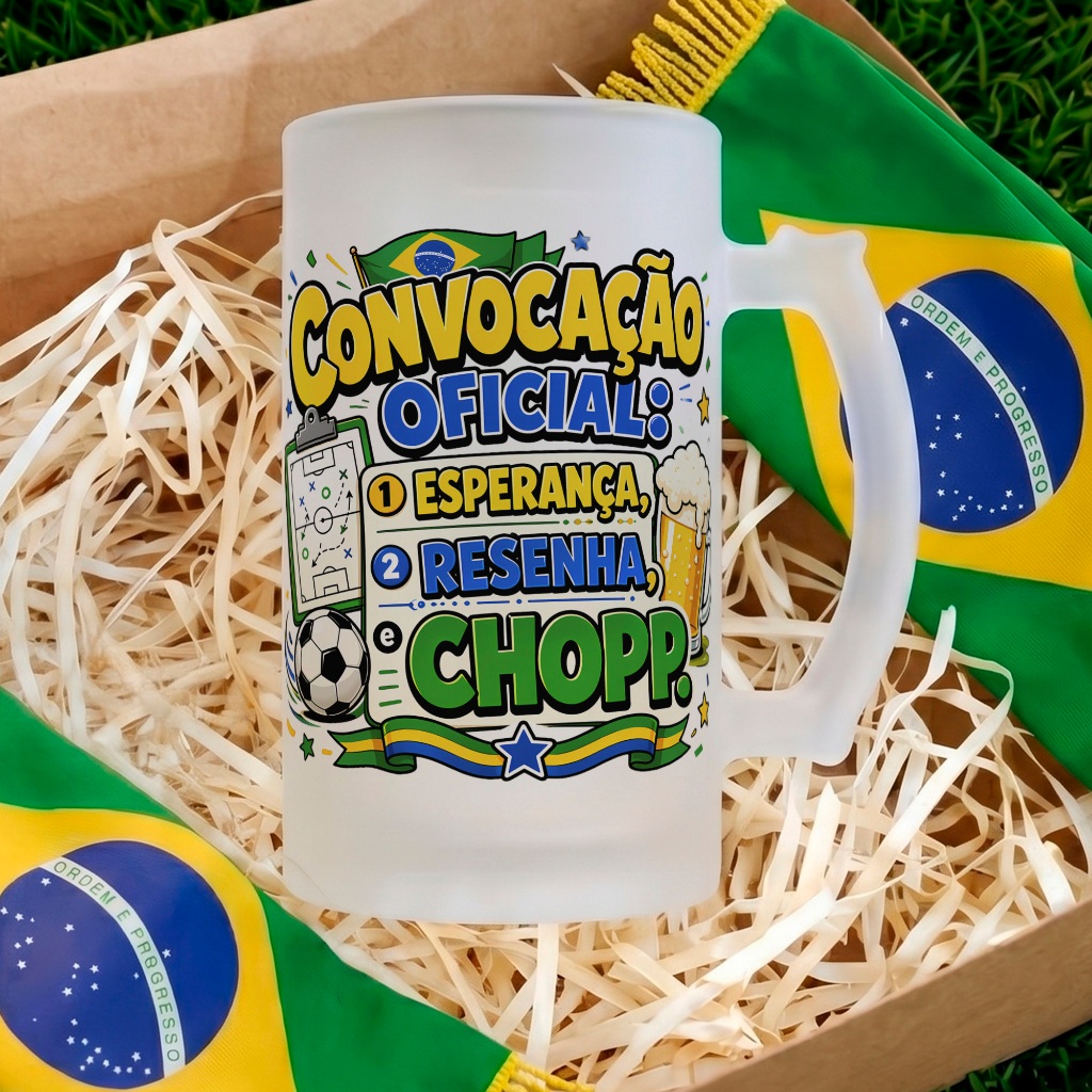 Caneca de Chopp Vidro Jateado Copa 2026 Convocação Oficial: Esperança, Resenha e Chopp