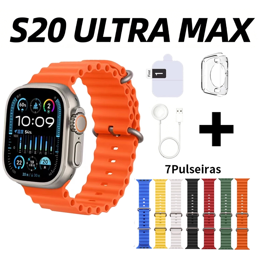 (7 Braceletes) Smartwatch S20 ULTRA MAX Relógio Inteligente Amoled Serie10 com NFC ChatGPT GPS Amoled