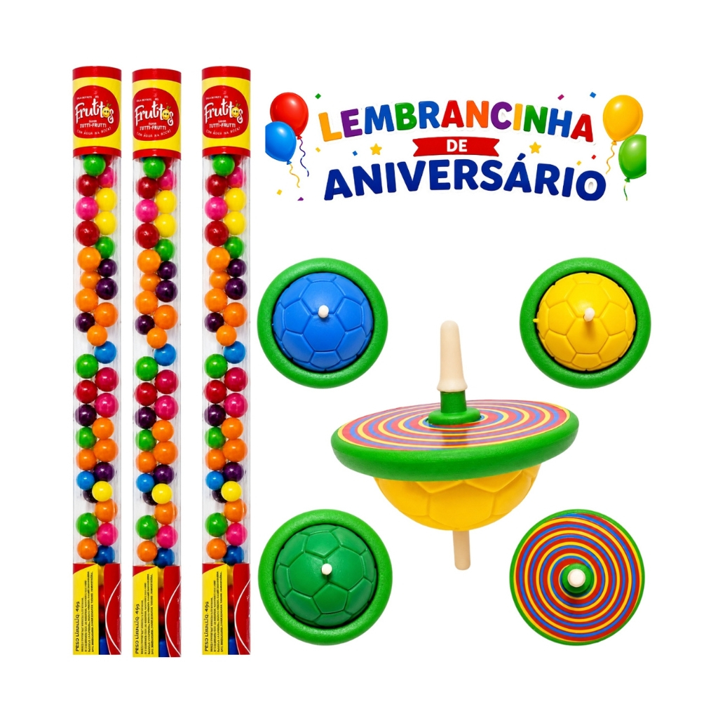 Kit 16 Itens (Tubinhos Balinhas Doce + Pião Maluco) Lembrancinha aniversário Festa Infantil