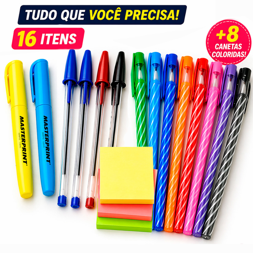 Imagem Kit Completo de Estudo 16 Itens Canetas Espiral Coloridas Ponta Fina + Marca Texto + Post-it  Estudo, Concurso, Escritór