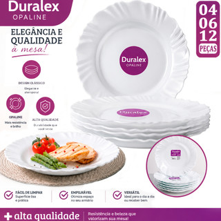 Kit jogo 12/06/04 Pratos Fundo Branco Opaline Duralex Vidro Pétala nadir Circular Brilhante Jantar e Almoço Buffet