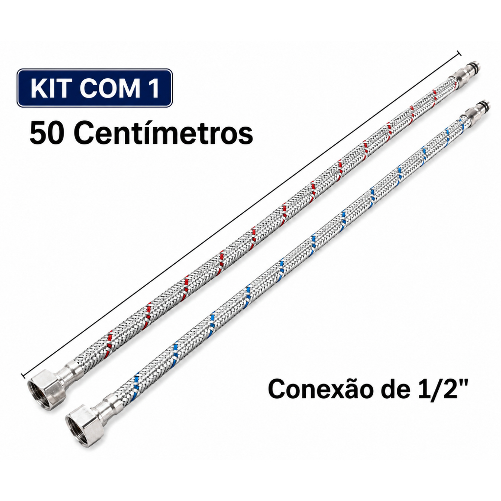 Par Engate Flexível para Misturador Monocomando | 50cm 1/2" Prateado | KIT com 1