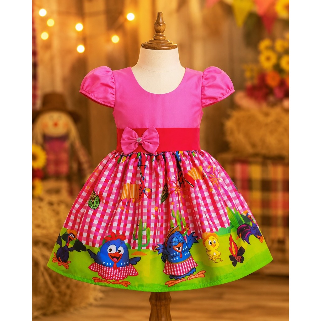 Vestido Menina Infantil Festa Junina Arraia Galinha Pintadinha Rosa (jz)