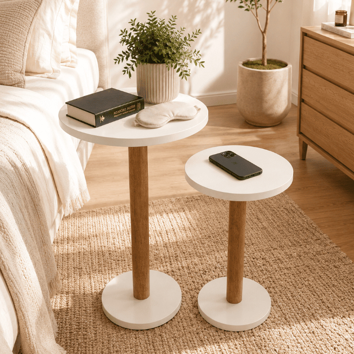 Mesa Lateral Monopé De Madeira Canto Cama Alt 45/55cm - Mel e Branca com Mel - Redonda