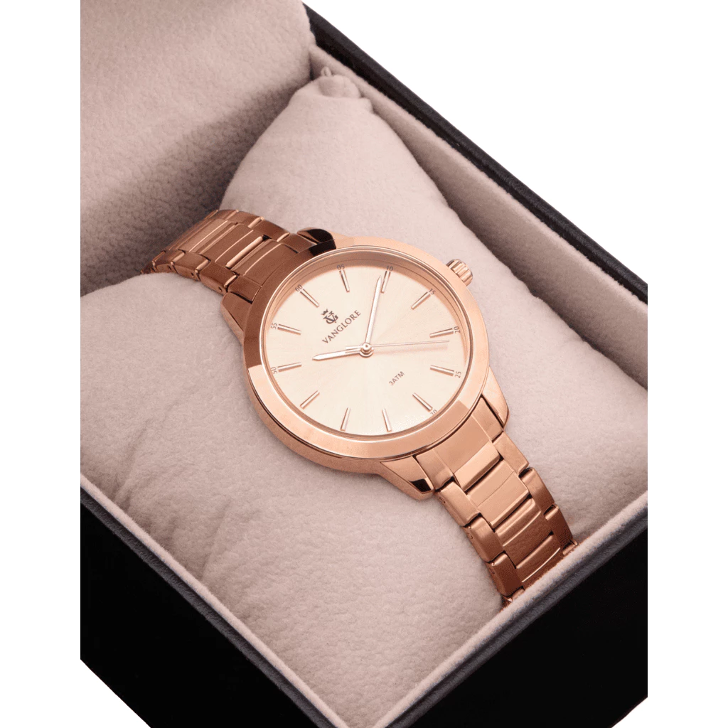 Relógio Feminino Dourado Rose Gold Slim 36mm Pulseira Aço Inox Vanglore Essence