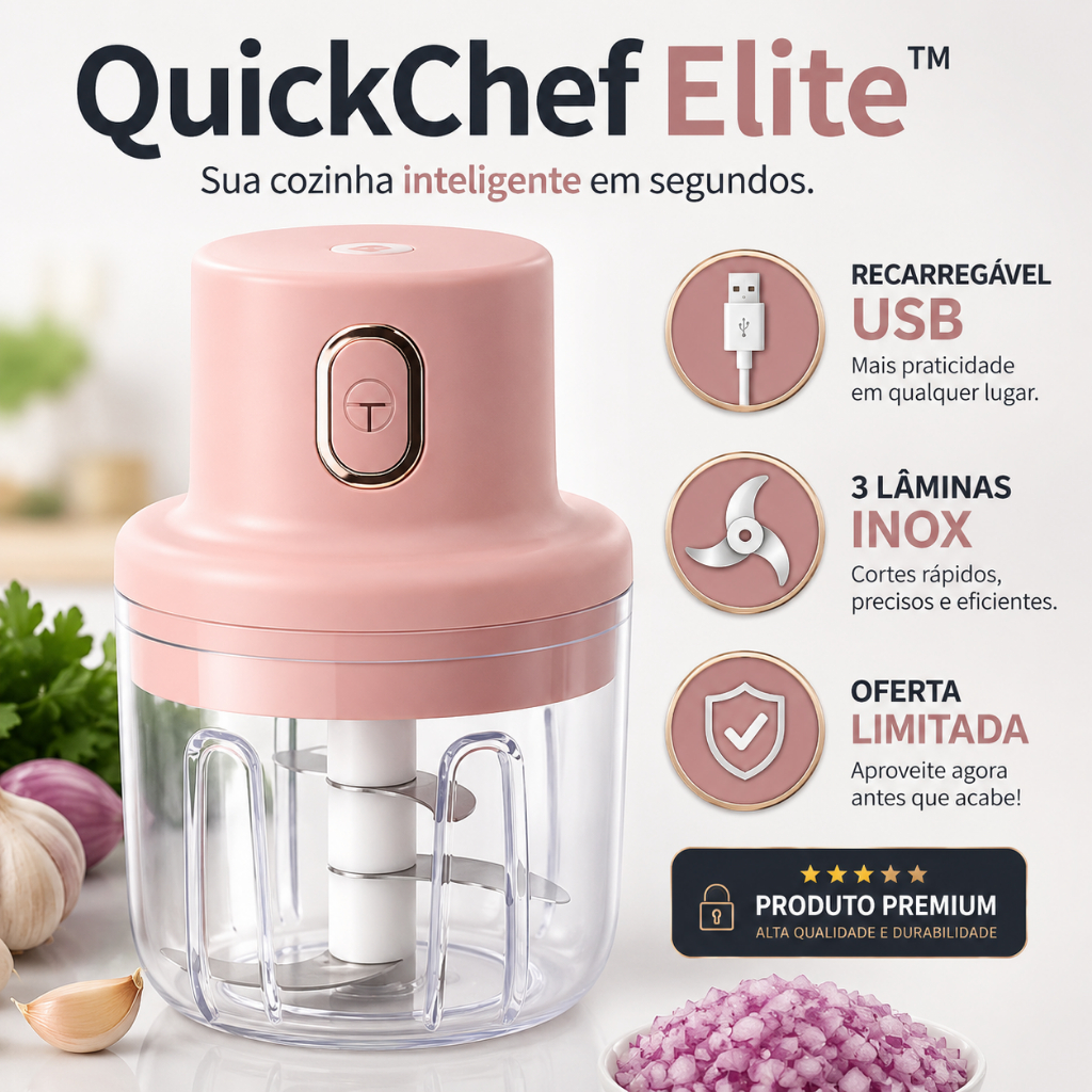 Mini Processador Elétrico Recarregável QuickChef Elite™ 250ml USB 3 Lâminas Inox Portátil Triturador de Alho, Cebola..