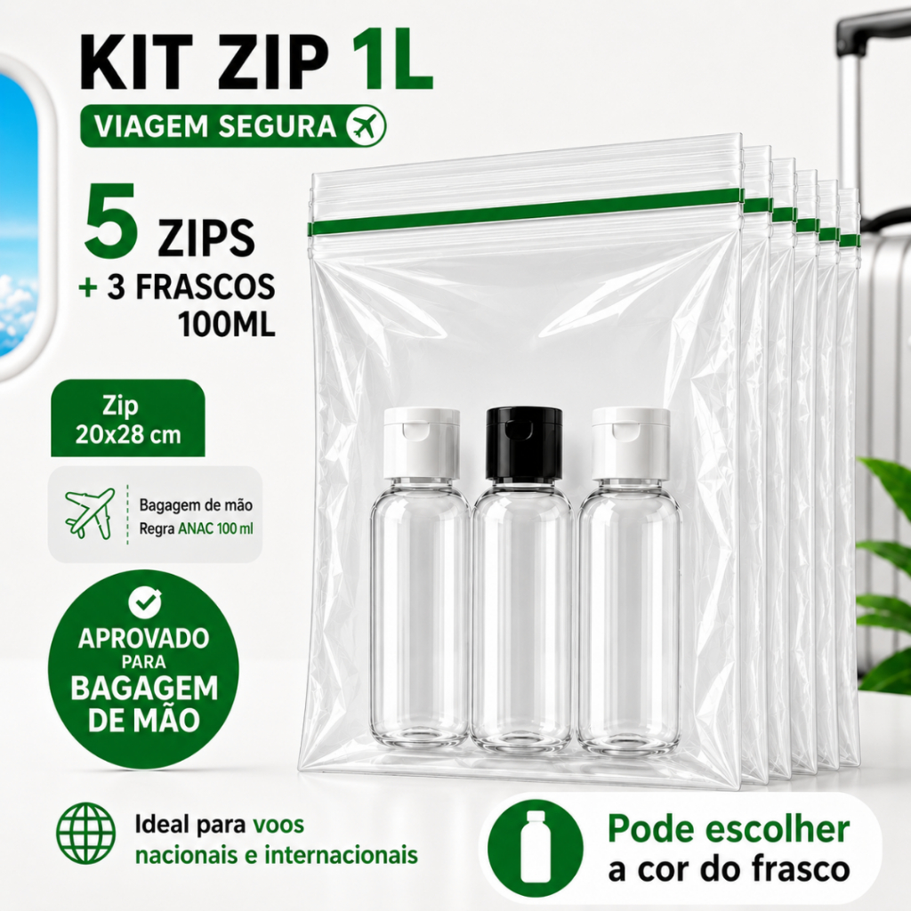 Kit Completo Viagem Zip Lock - 5 Sacos + 3 Frascos 100ml | ANAC ORGANIZE SUA MALA