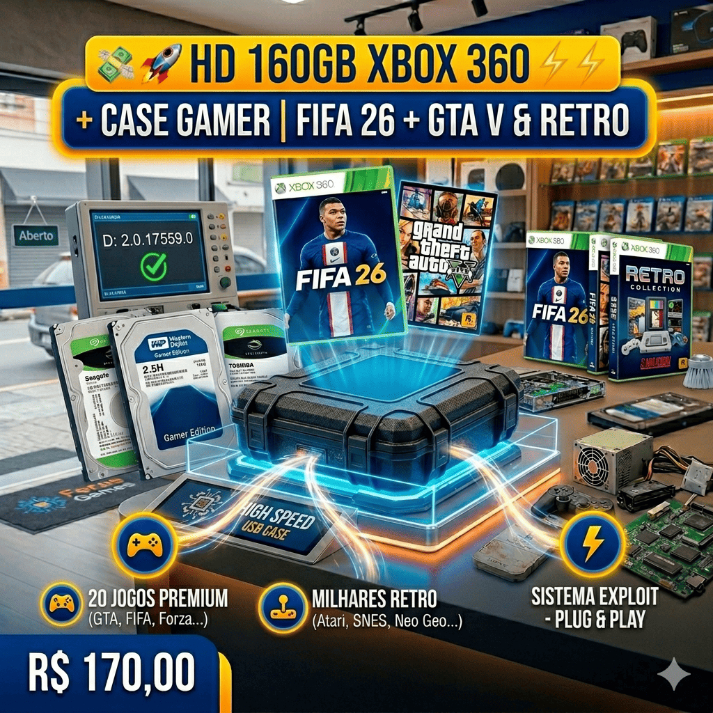 HD Externo 160GB Xbox 360 FIFA 26 + GTA V + Forza Horizon + 17 Jogos & Jogos Retro