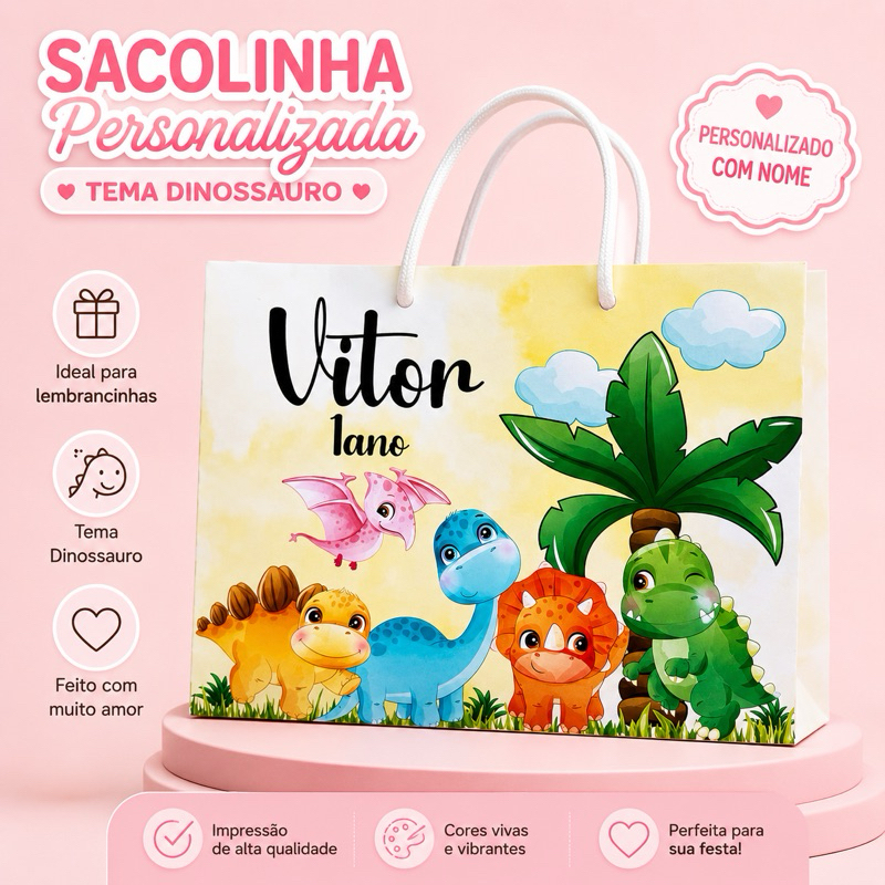 Sacolinha Personalizada com nome e idade-festa aniversário-Mimo-Lembrancinha tema Dinossauro baby. Pegue monte.