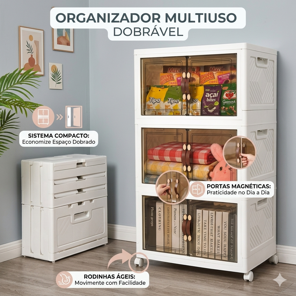 Organizador Multiuso Dobrável 3/5 Níveis com Rodinhas e Portas Magnéticas - Armário Moderno e Prático p/ Casa