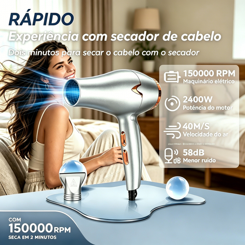 Secador de Cabelo Profissional 2400W com Grande Fluxo de Ar Para Secagem Rápida  110V/220V Com Alisar Enrolar Hot Air