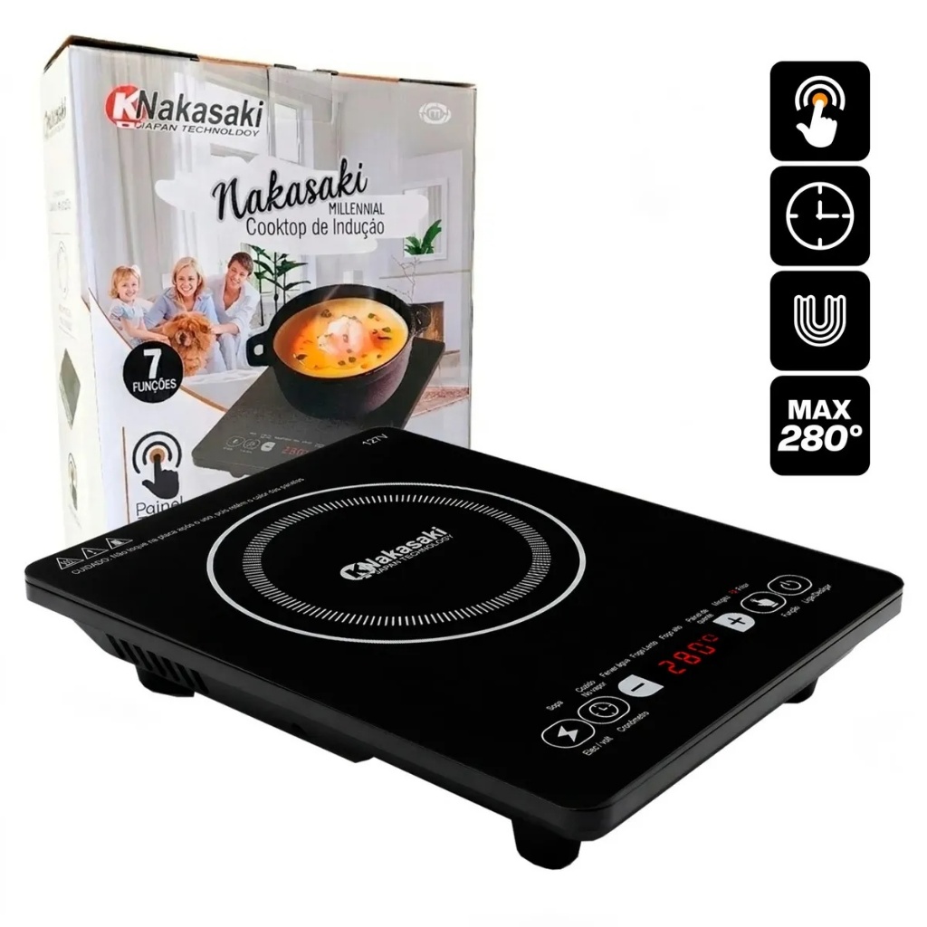 Cooktop Fogão Elétrico Portátil De Indução 1 Boca 2300w Temperatura 280° Painel Touch Vidro Temperado
