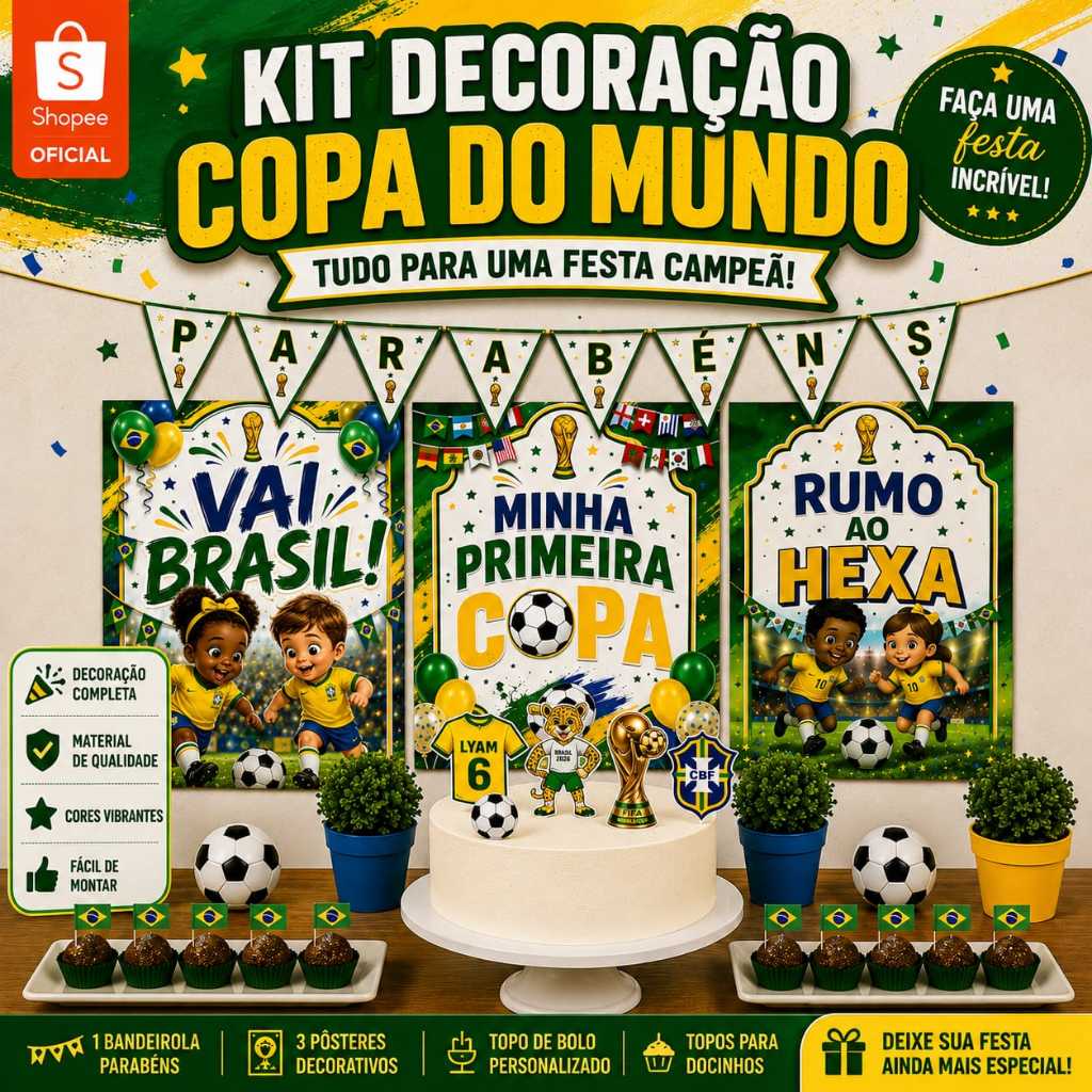 Kit Copa do Mundo Brasil Personalizado Festa de Aniversário Infantil Bebê Mesversário Completo Brasil 2026
