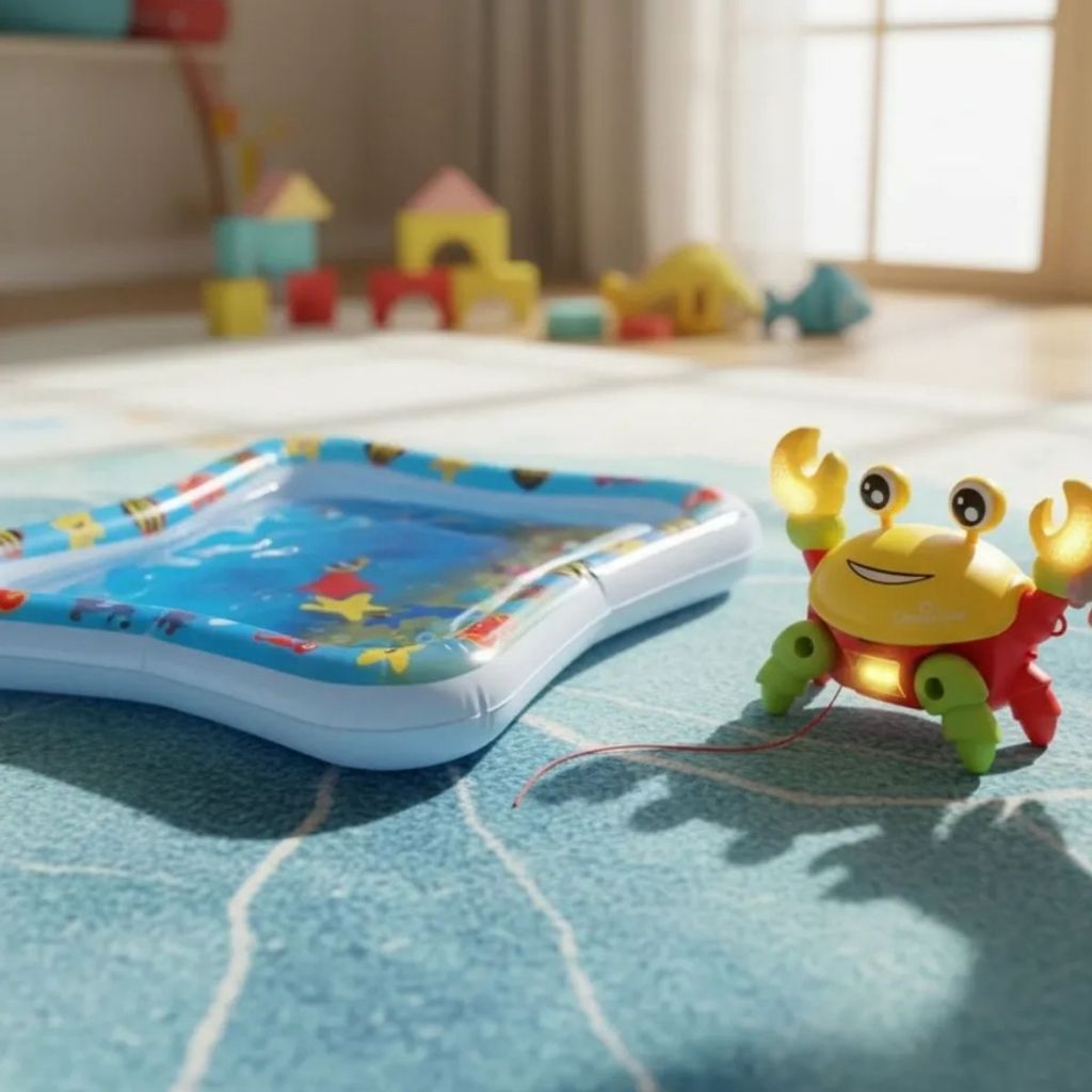 Kit Caranguejo Musical + Tapete Infantil Bebê Inflável Água Atividades Sensorial Brinquedo