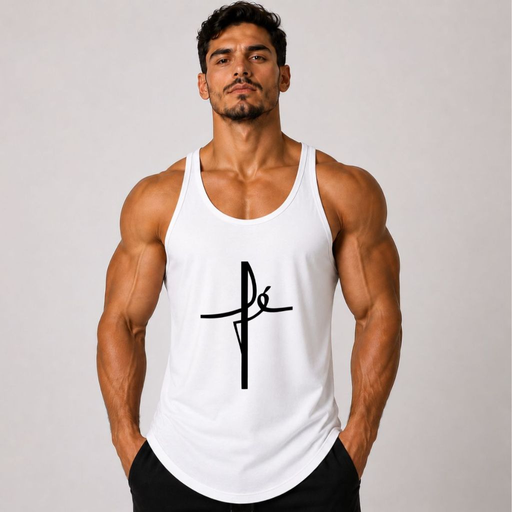 Camiseta Regata Masculina Academia Treino Fé Estampada Cristã Musculação Treino Longline Cavadona Cavada Alças Finas