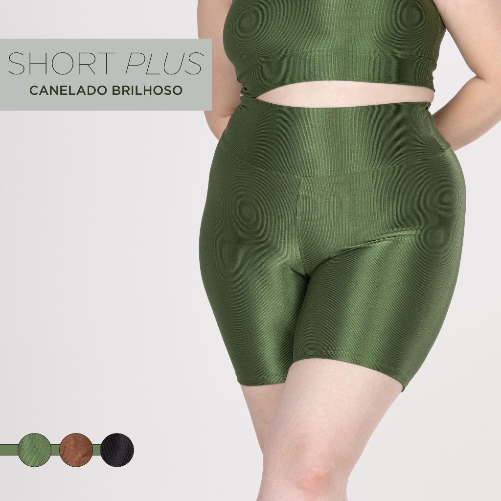 Short Fitness Feminino Plus Size Canelado Brilhoso Cós Alto Modelador e Zero Transparência Academia