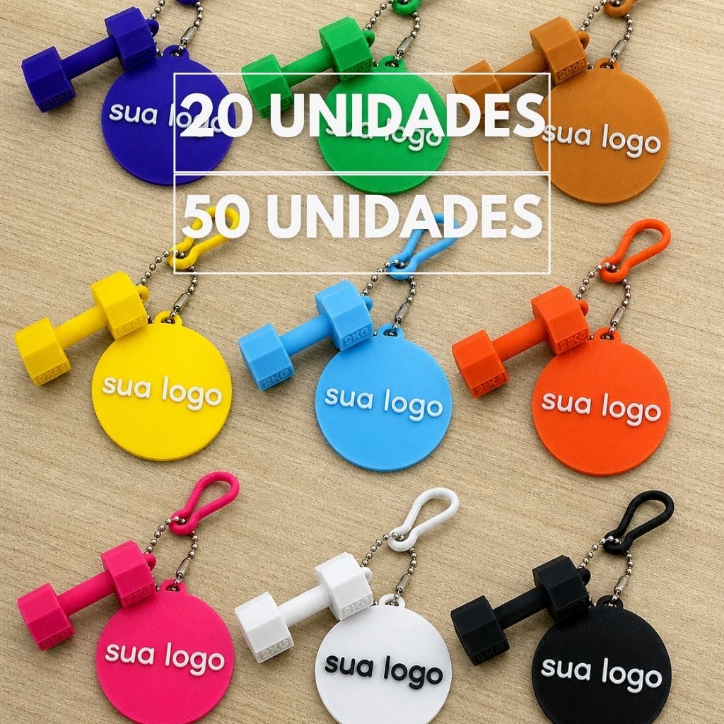 Kit Chaveiro Fitness Personalizado com Logo | Halter + Tag Redonda + Mosquetão | PLA Impressão 3D