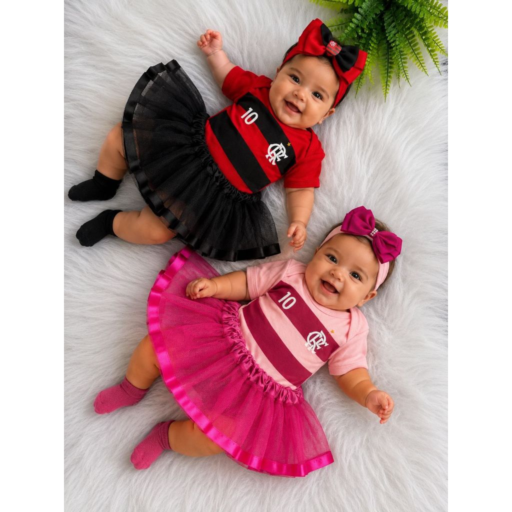 Kit Body Bebê 6 Peças Body e Saia Tule Menina Vermelho e Rosa com Laços Temático Times Brasileiros Mesversário Fantasia