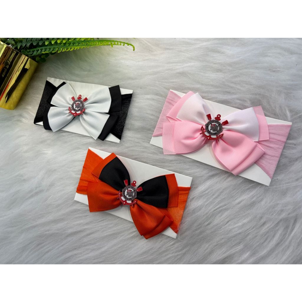 KIT 3 Laços Temáticos para Bebê Corinthians Laranja Preto E Rosa Faixas Acessórios Infantis Mesversario Fantasias