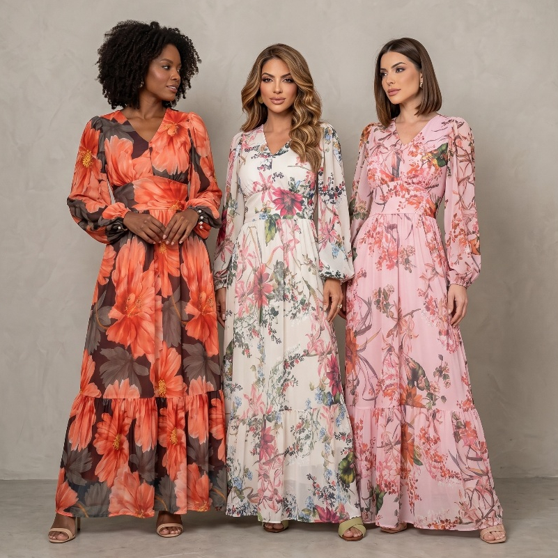 Vestido Feminino Katia Evangélico Longo Manga Comprida Madrinha Casamento Tule Estampado Floral BM