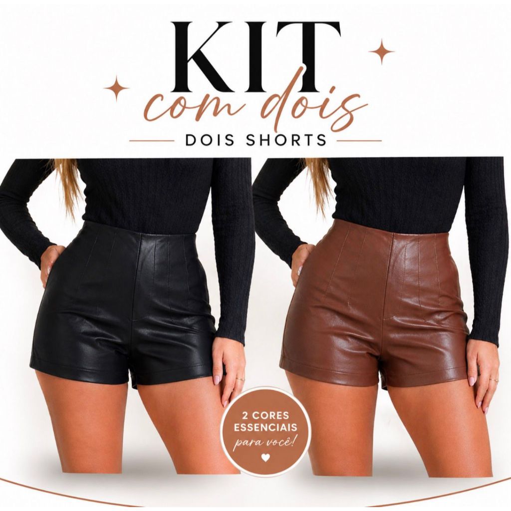 Kit short zaara courinho 2 peças marrom preto femenino cintura alta couro fake