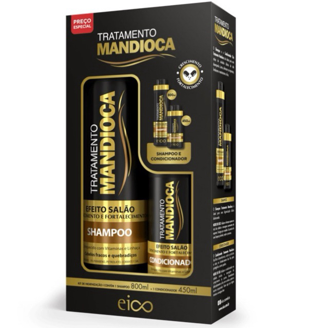 Eico Shampoo Hidratação Sem Sal 800ml E Condicionador Leave-in Antifrizz 750ml Tratamento Mandioca Fortalecimento Cresci