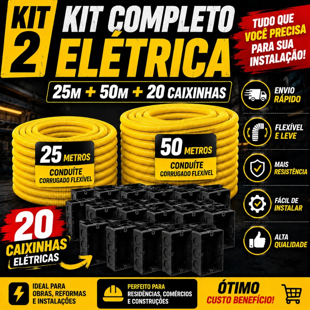 Kit 2 - 1 Conduíte Corrugado Flexível 25m + 1 Conduite de 50m + 20 Caixinhas 4x2