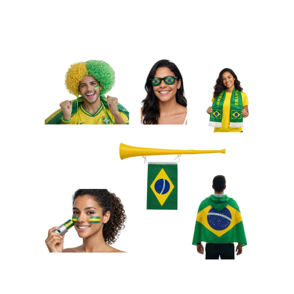 Kit Copa do Mundo Brasil Body Flag Peruca Óculos Cachecol Vuvuzela Tinta Facial