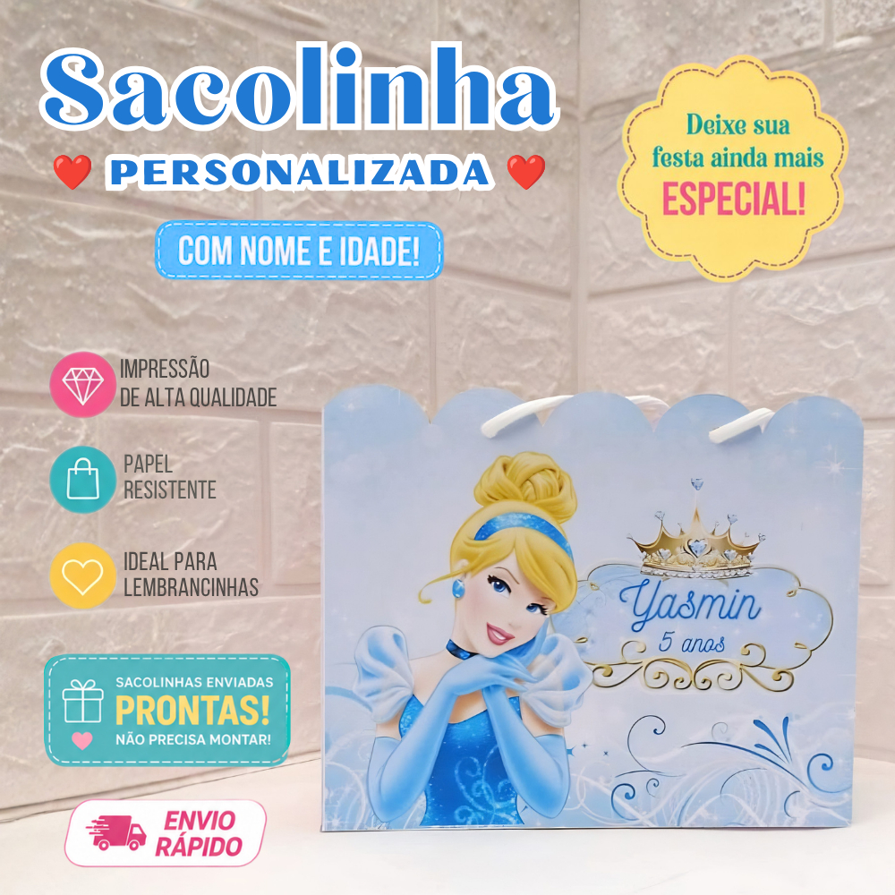 Sacolinha Personalizada Montada | Lembrancinha Aniversário Luxo | Festa Infantil | Cinderela