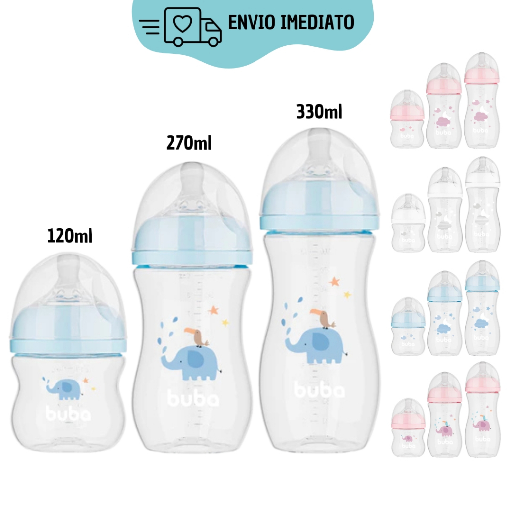 Kit 3 Mamadeiras 120ml/270ml/330ml Anticólica Easy Flow Bebê Elefante/Nuvem Azul/Rosa/Branco Buba