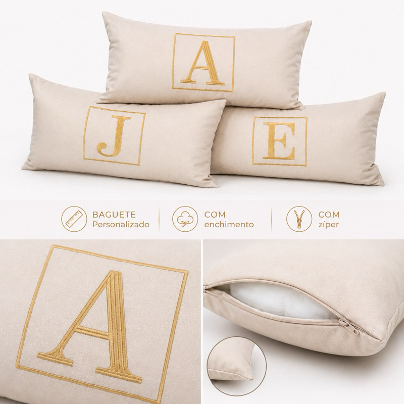 Almofada Baguete BORDADO Com Inicial Personalizada Com Enchimento em Sued
