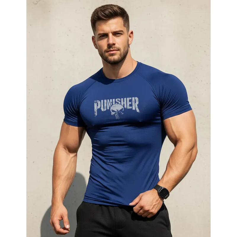 Camiseta Masculina Compressao Slim The Punisher Skull Justiceiro Camisa De Treino Academia Rash Guard Dryfit Proteção UV