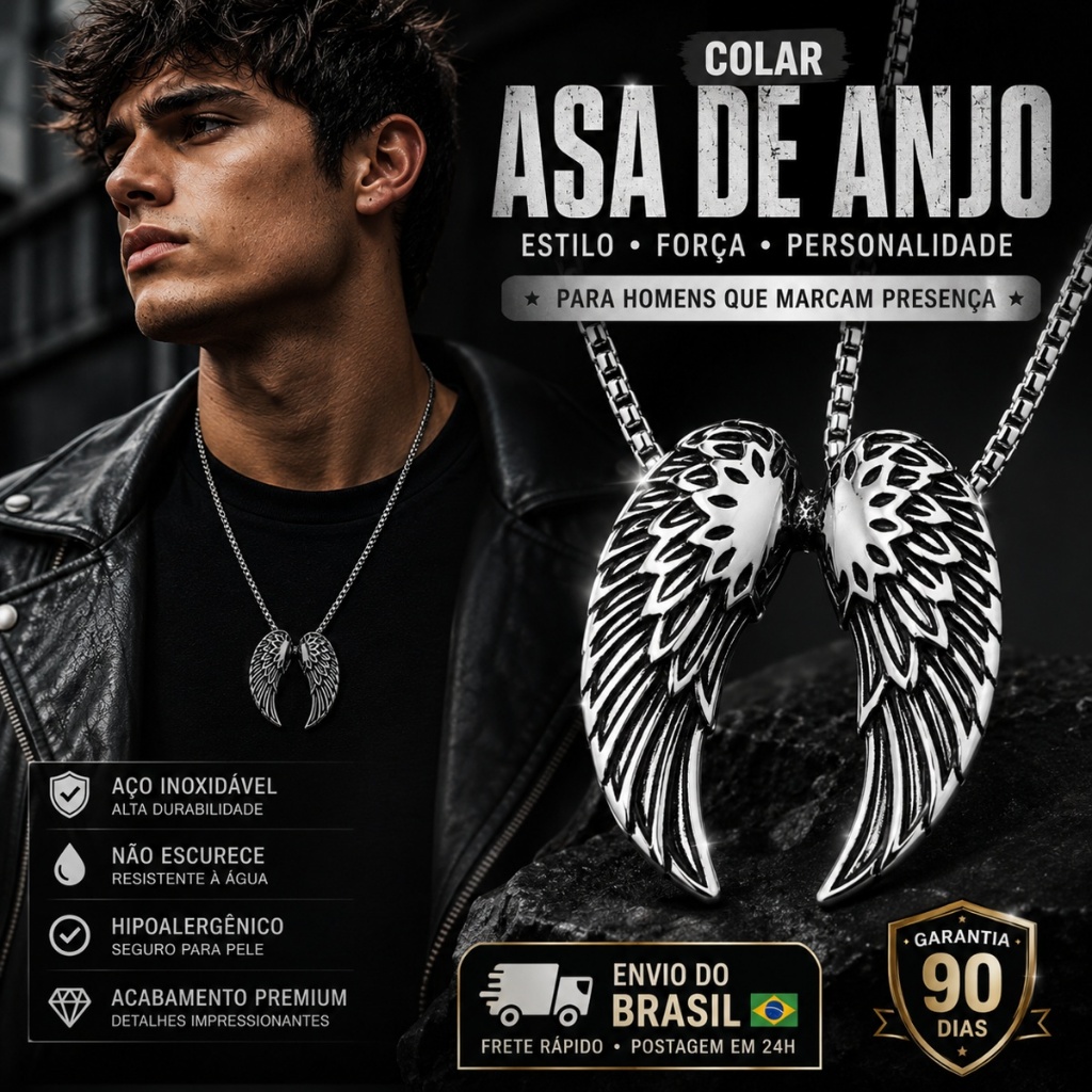 Colar Pingente Asa Angelical Prata Vintage Masculino/Feminino Corrente Estilo Hip Hop Moda Street