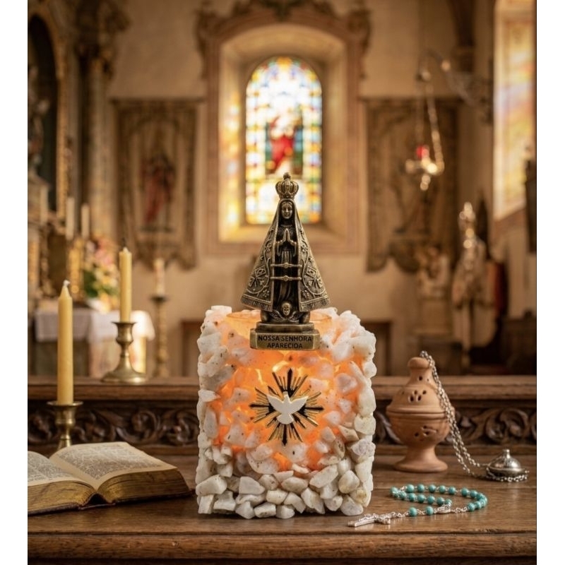 Vela Gruta em Pedra Artesanal Personalizada Quadrada Refil + 2 velas Rechauds - Axé, Fé e Luz, Sob Encomenda