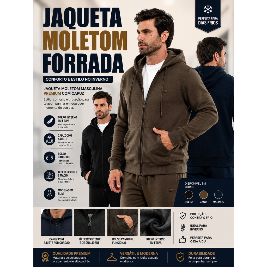 Jaqueta Blusa de Moletom Masculina Premium Jaqueta Moletom Quentinho com Bolso, Zíper e Capuz