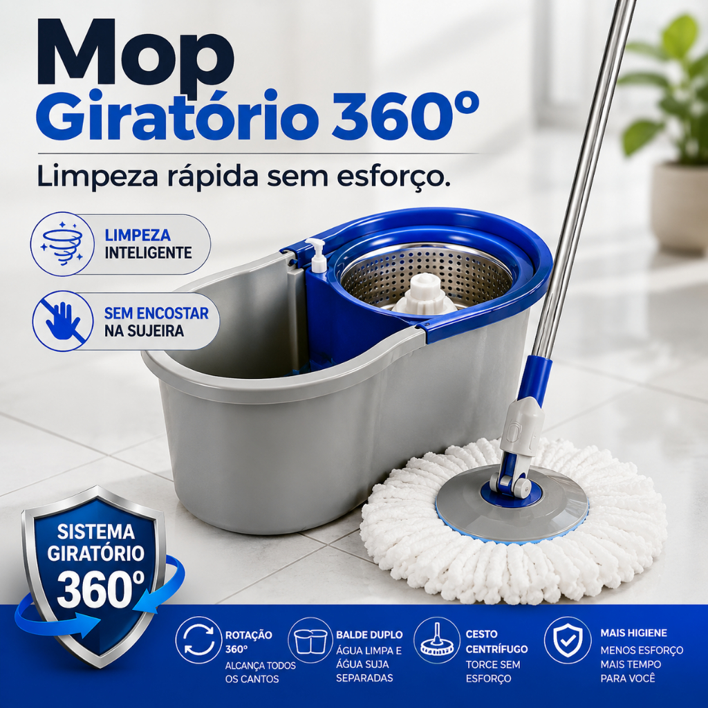 Mop Giratório com Balde Duplo 8 Litros  / Limpeza Fácil para Todos os Pisos