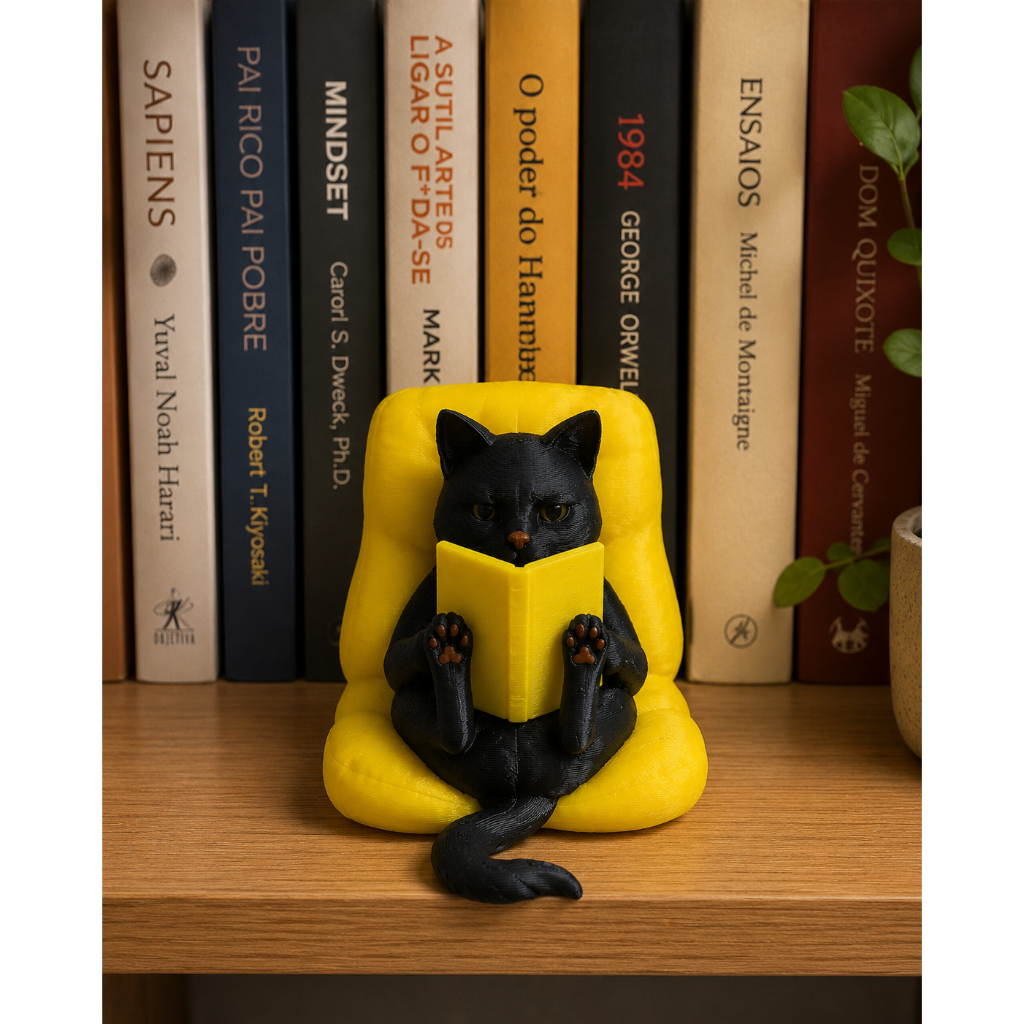 Suporte de Livros Gato Leitor 3D Bibliocanto Criativo  Decoração Geek para Estante Prateleira