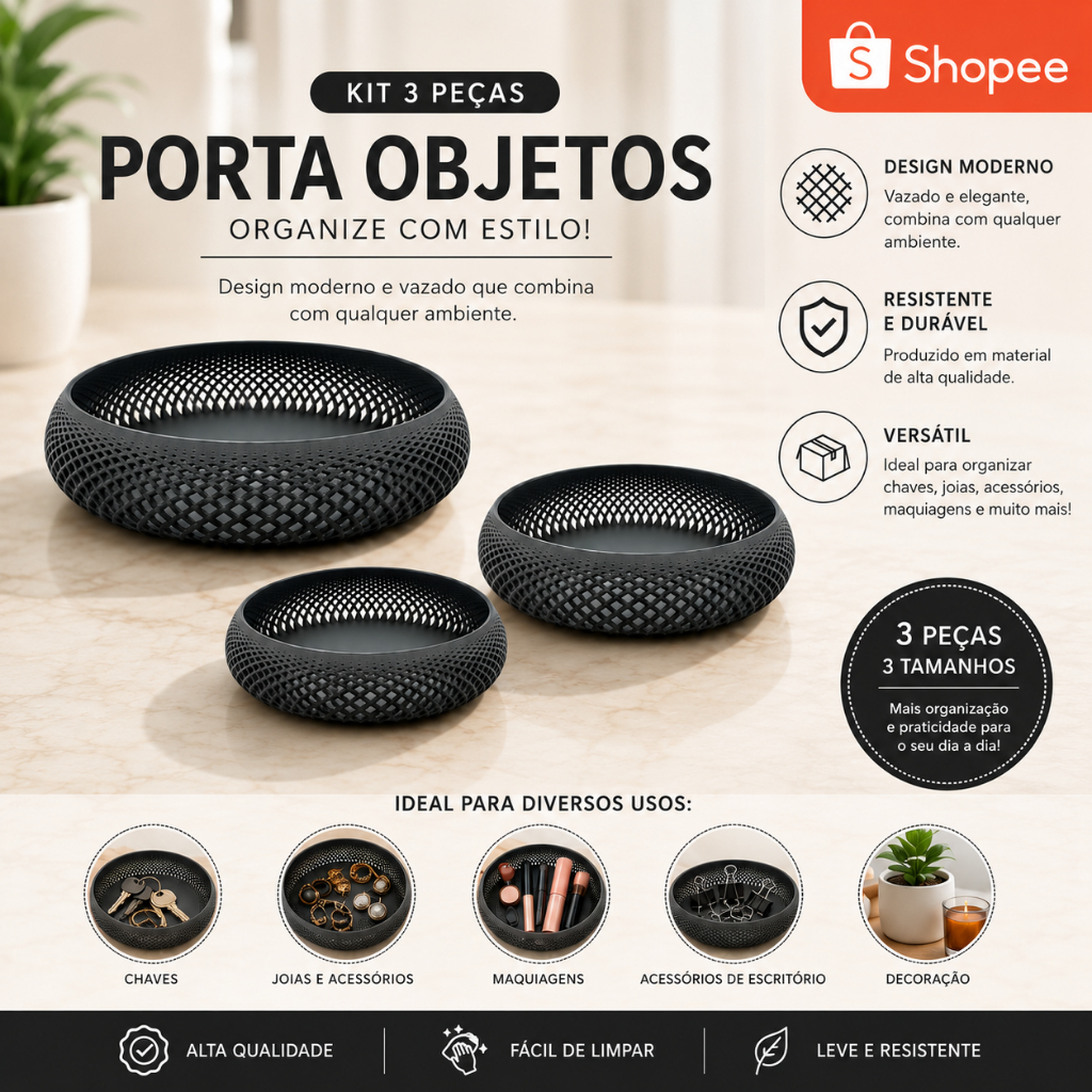Kit 3 Porta Objetos Multifuncional Organizador Mesa Escritório Decorativo Moderno Prático Versátil