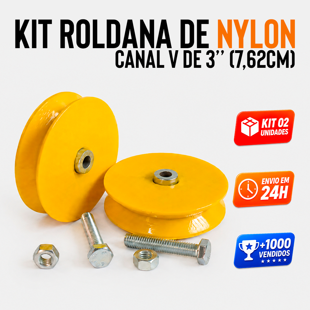 Kit 2 Roldana Para Portão de Correr 3 Polegadas 76mm Canal V em Nylon com Rolamento Blindado