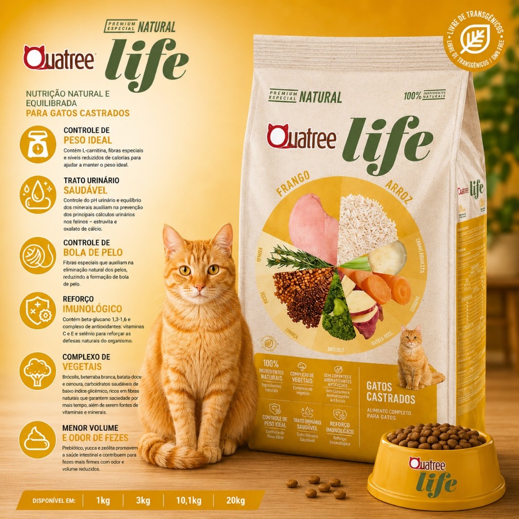 Ração Natural Gato Adulto Castrado 10.1KG Quatree Life Sabor Frango e Arroz