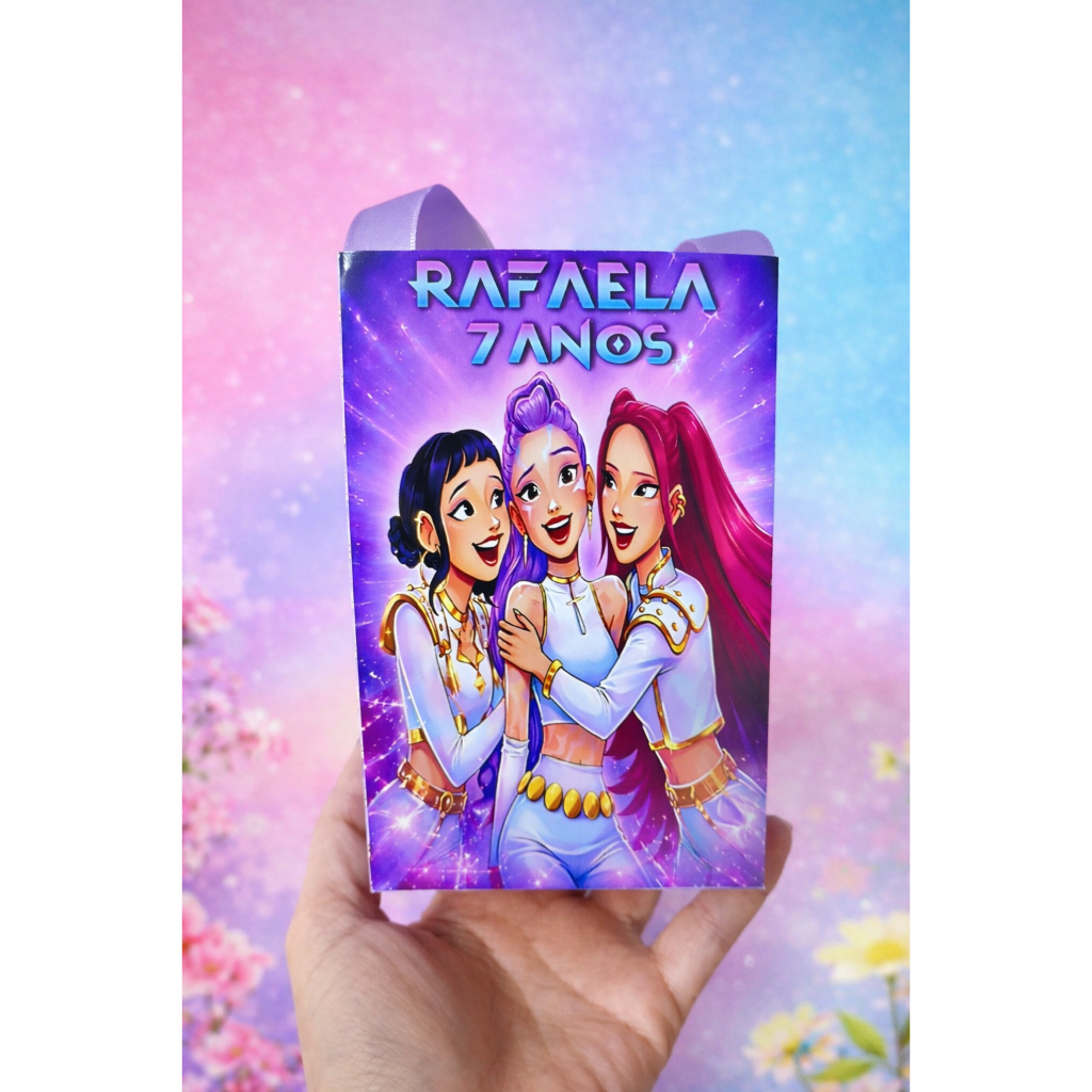 Sacolinha Personalizada Alça de Cetim as Guerreiras do Kpop - Lembrancinhas De Aniversário Infantil