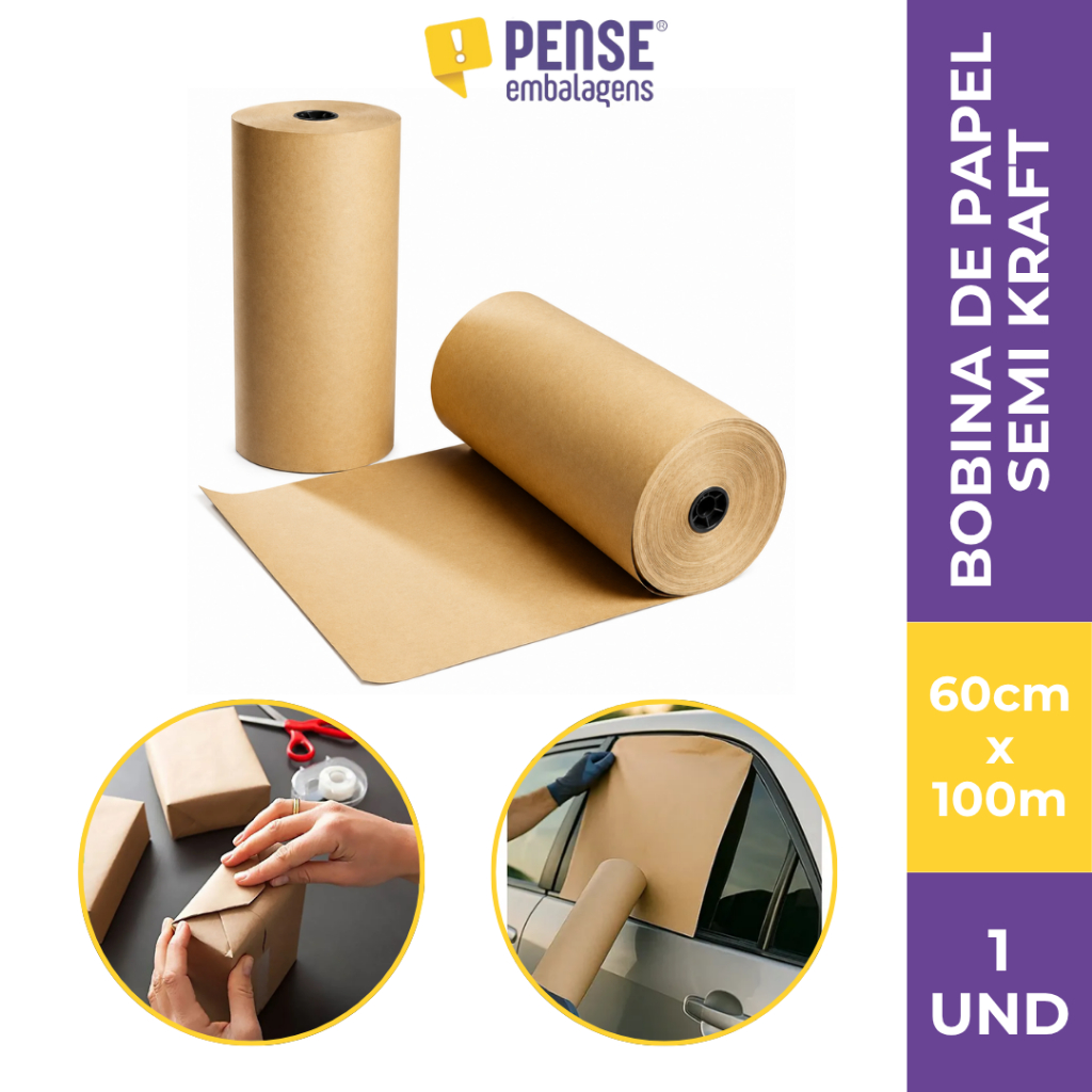 Bobina Papel Semi Kraft 60cm x 100m Embalagem Proteção Envio Forração Multiuso