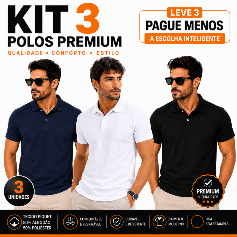 Camisa Polo Masculina kit 3 blusa preta branca azul algodão Piquet Para Uniforme Bordar