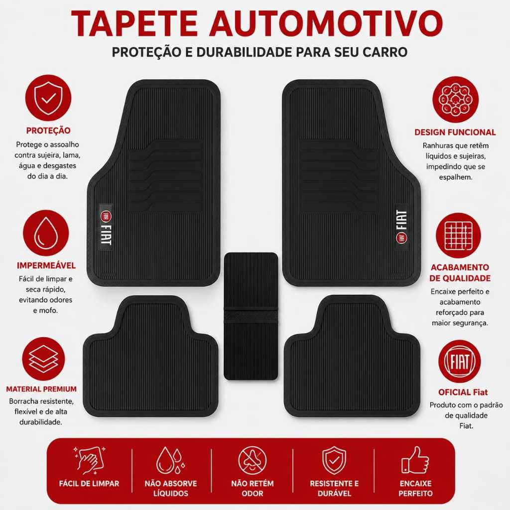 Tapete Para Carro Automotivo Bordado 5 Peças De Borracha Reforçada Antiderrapante Resistente Lavável