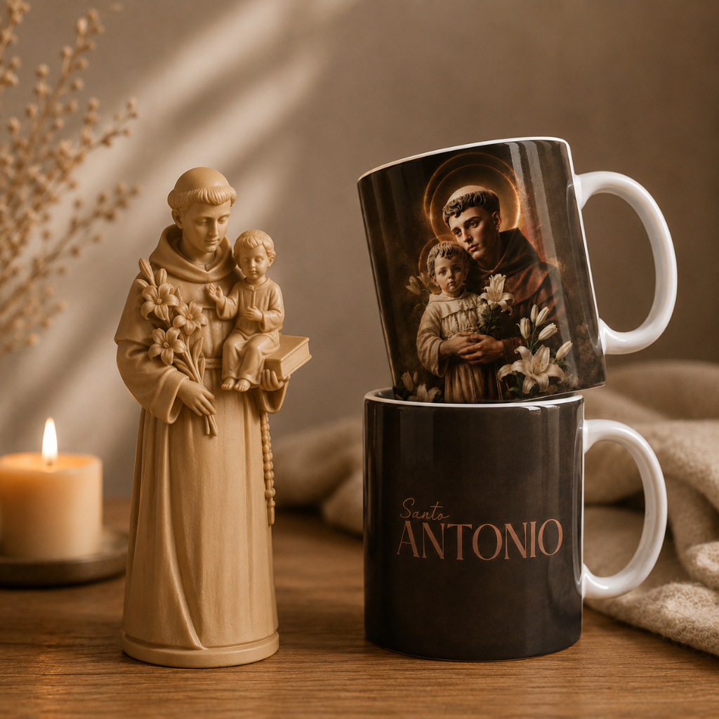 Santo Antônio Premium Decorativo + Caneca Católica 325ml Presente Religioso Fé Decoração Luxo Exclusivo