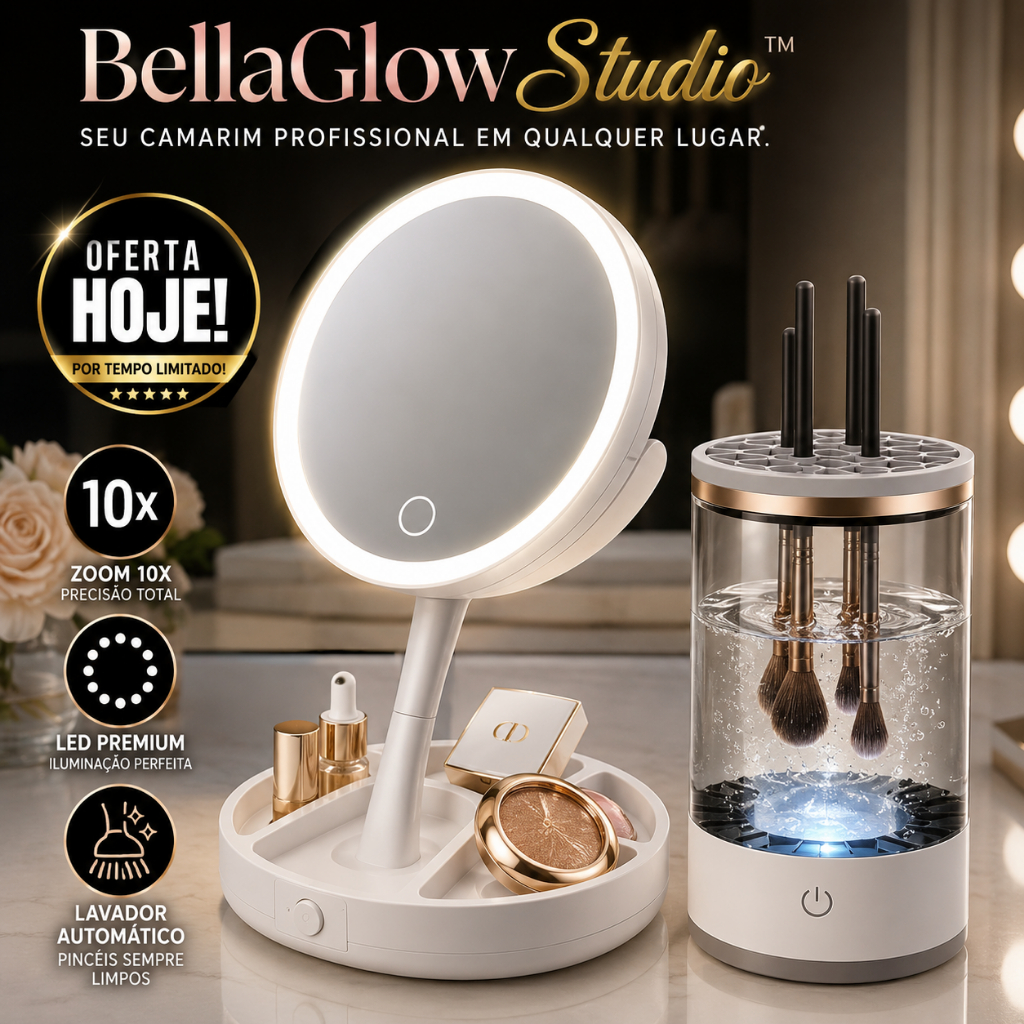 Kit para Maquiagem - Espelho Camarim com Iluminação LED + Lavador de Pincéis Automático