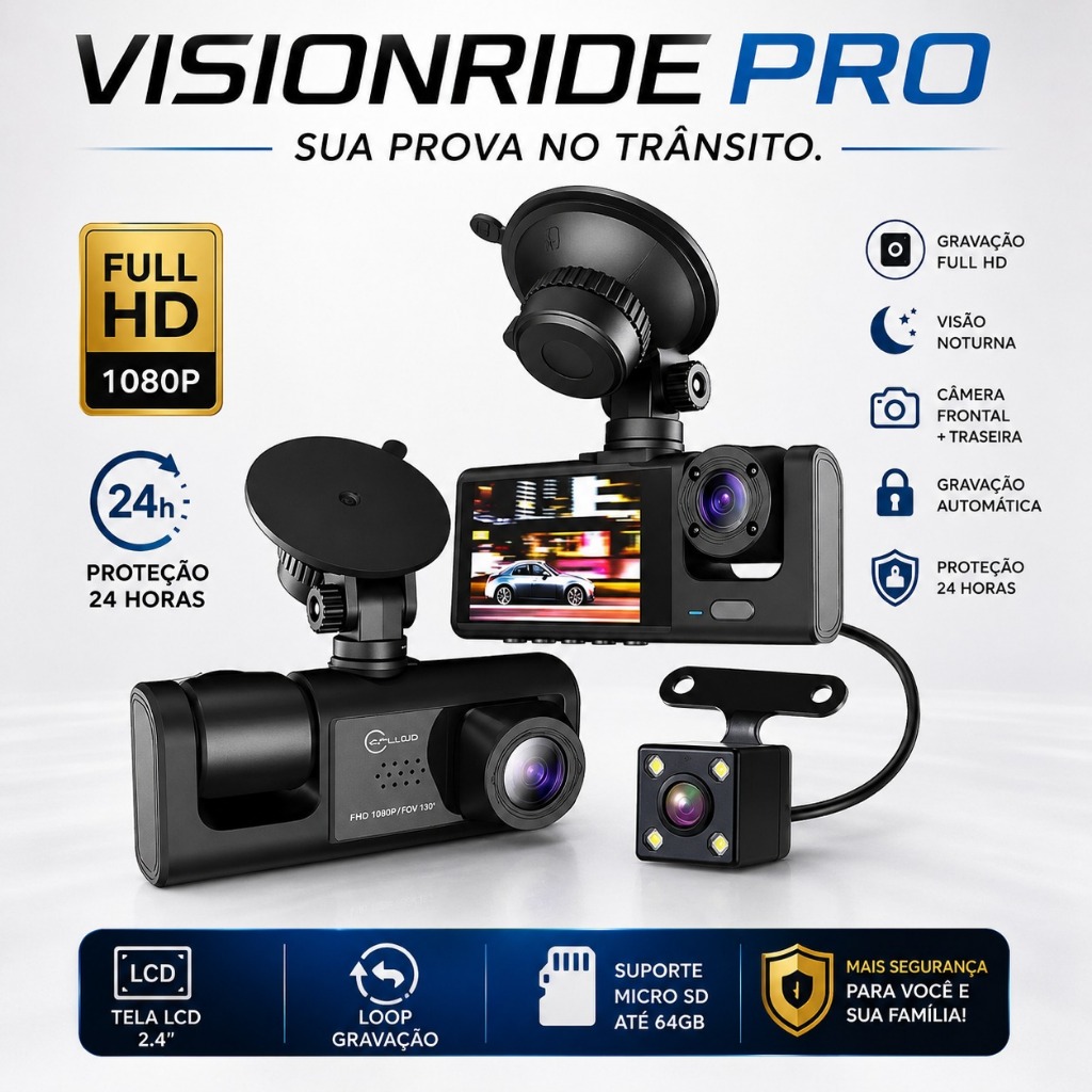 Câmera Veicular Tripla Wifi Full HD (Camera Automotiva Carro Uber App) (Frontal/Interna/Traseira)