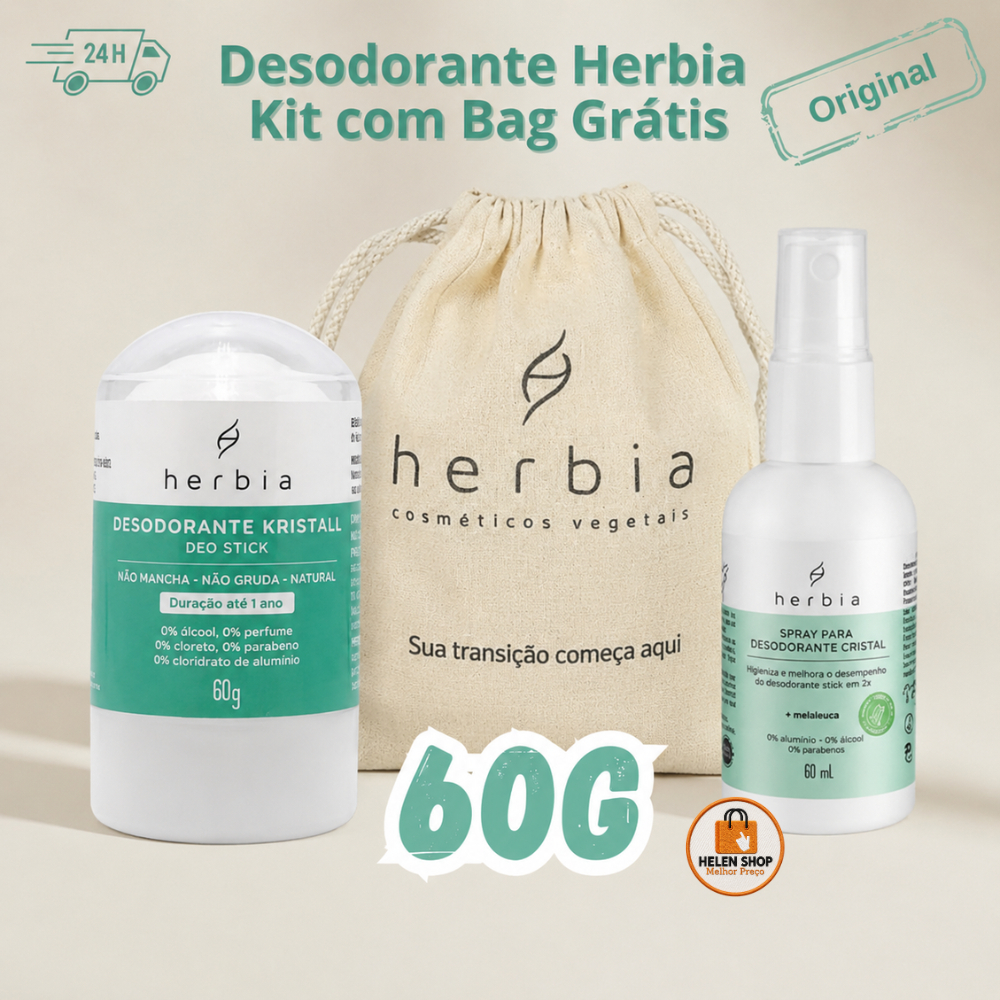 Kit Desodorante Cristal 60g + Spray de Melaleuca + EcoBag brinde - Herbia Kristall bolsa Stick