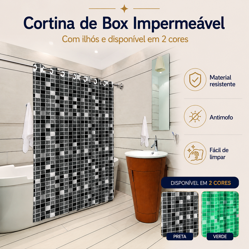 Cortina Box Banheiro com Ilhós, Pastilha Chuveiro PVC Impermeável 138x198 Antimofo Preto e Verde